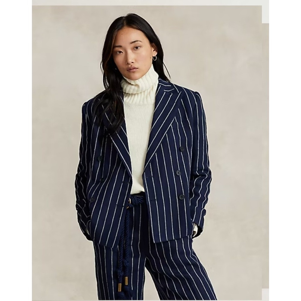 POLO RALPH LAUREN DOUBLE BREASTED LINEN BLAZER WOMENS SIZE 2 BLUE WHITE STRIPES